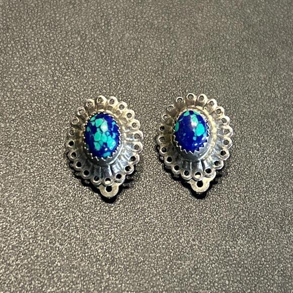 American Vintage Jewelry - Vintage Native American Azurite Malachite Sterling Silver Clip On Earrings